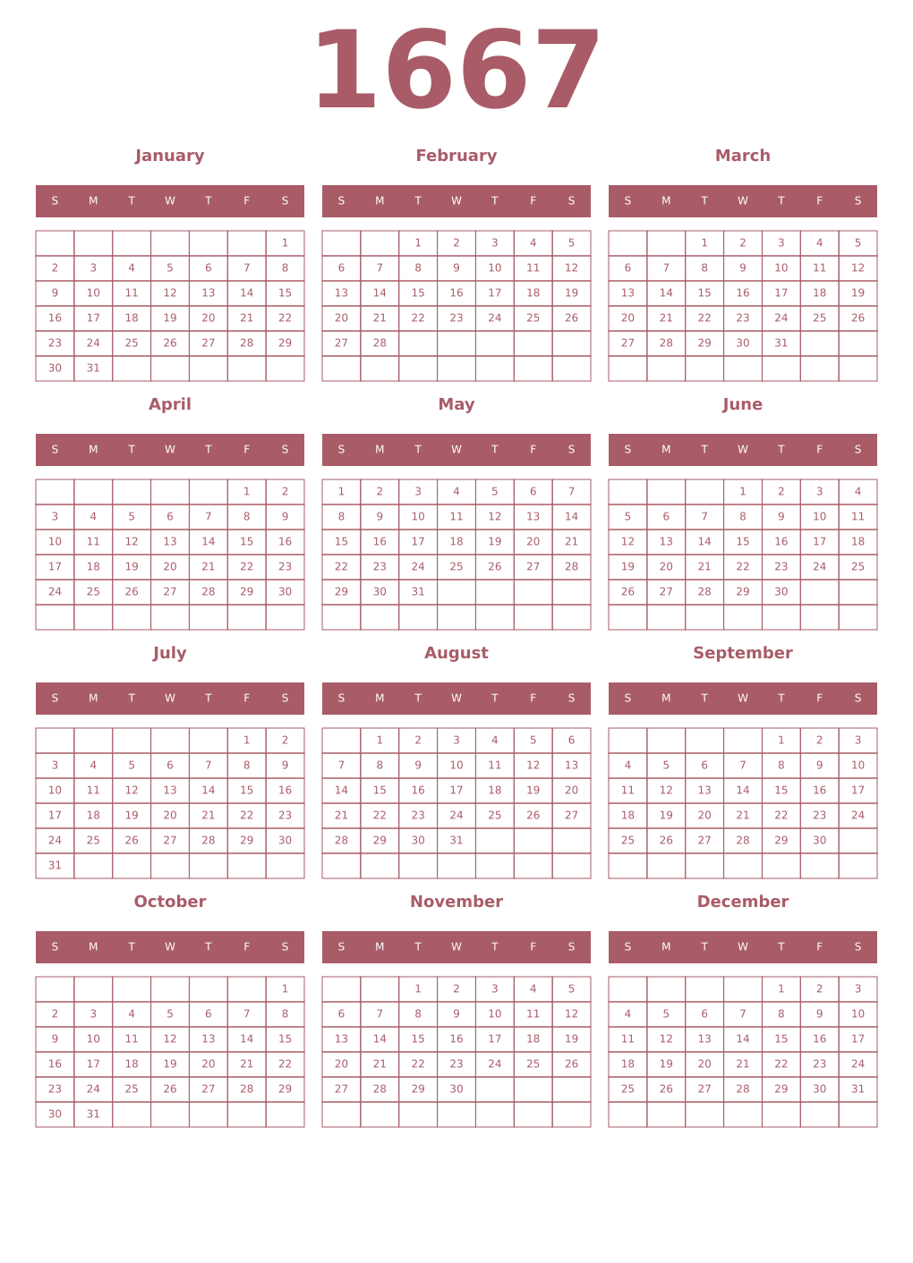Printable 1667 Year Calendars puce