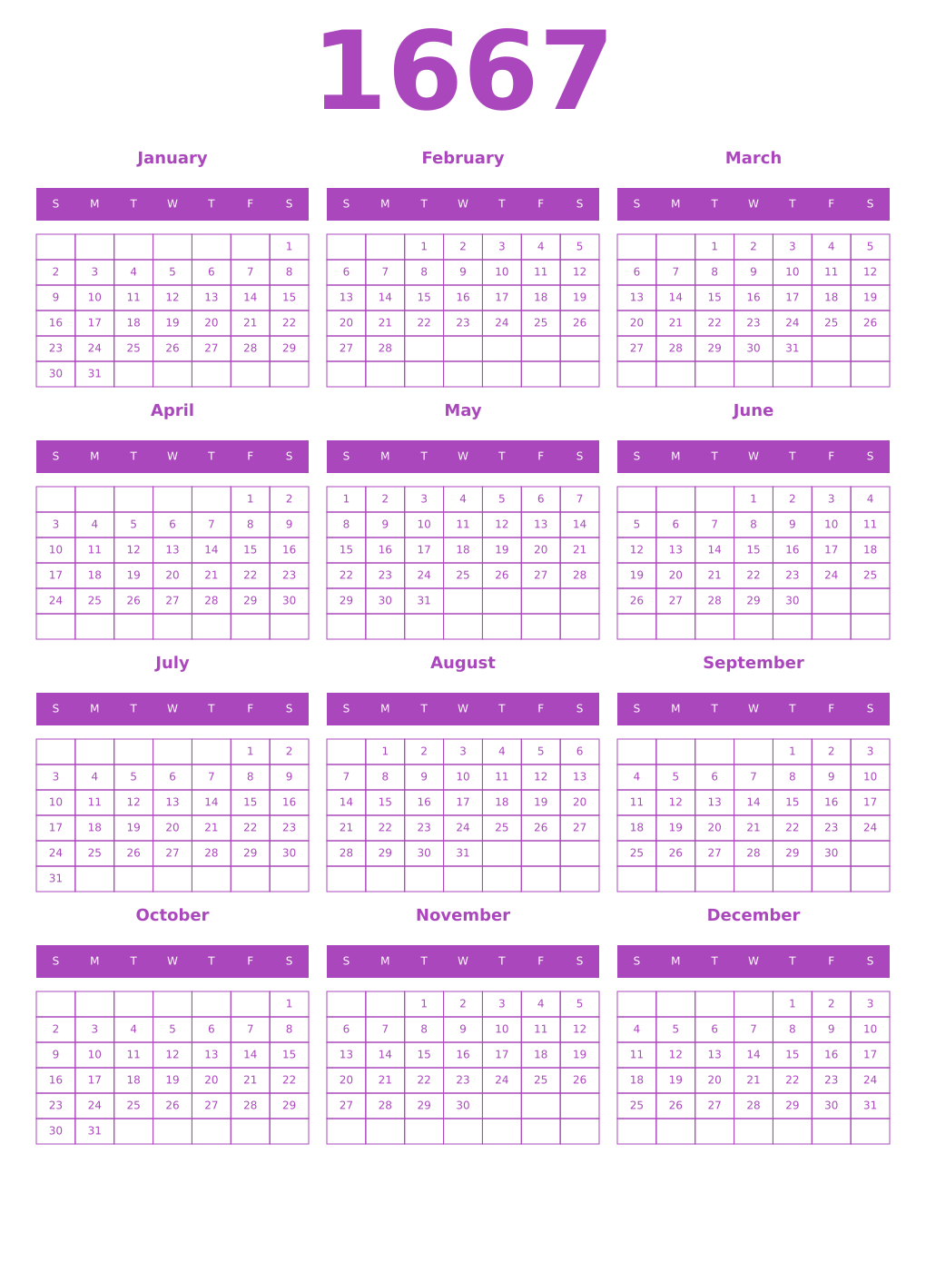 Printable 1667 Year Calendars purple