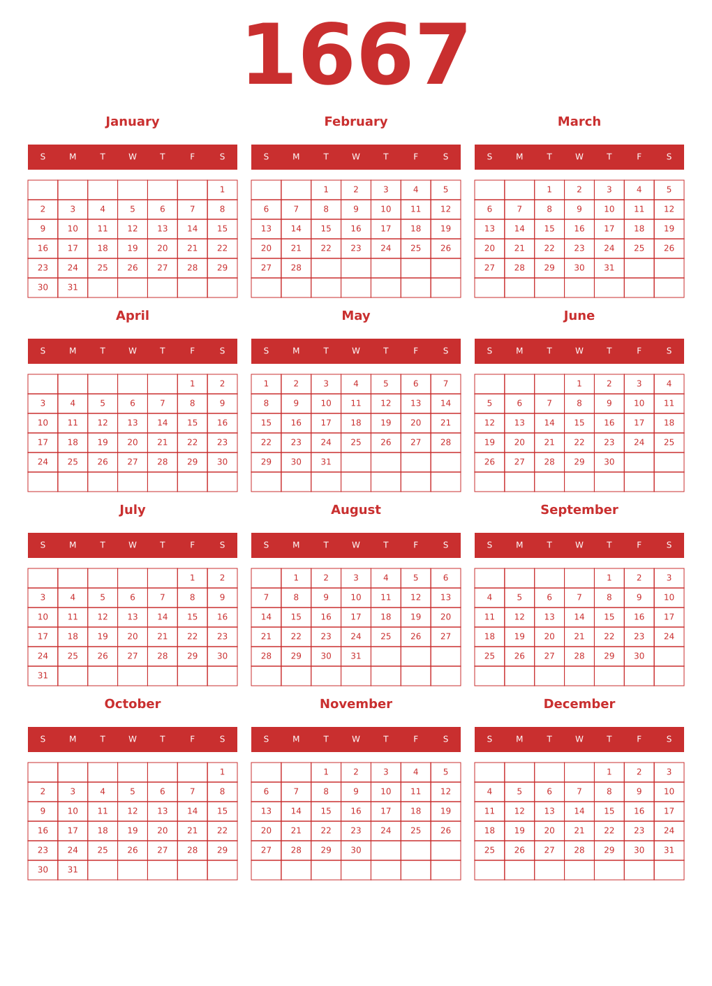 Printable 1667 Year Calendars red