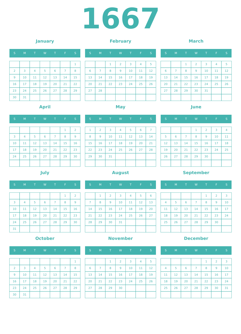 Printable 1667 Year Calendars verdigris