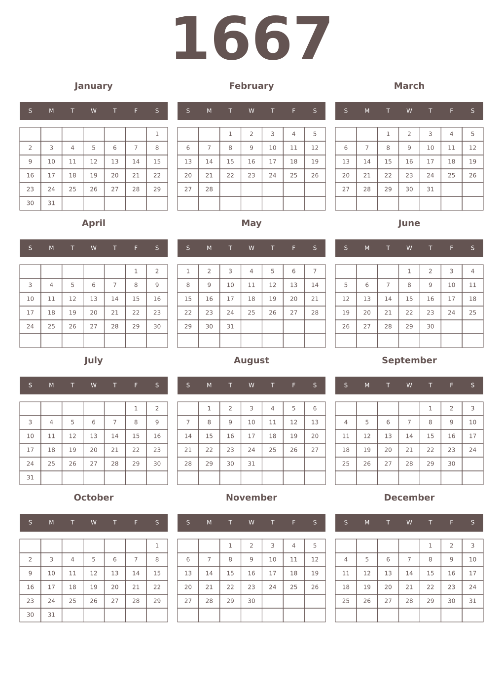 Printable 1667 Year Calendars wenge