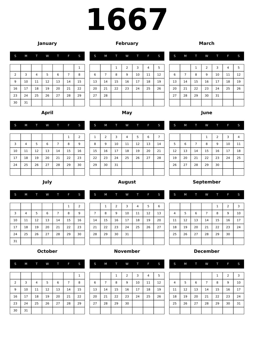 Printable 1667 Calendars