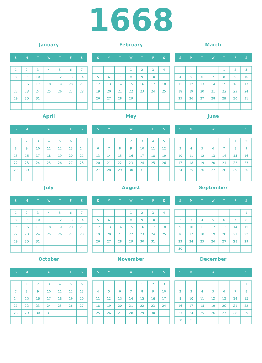Printable 1668 Year Calendars verdigris