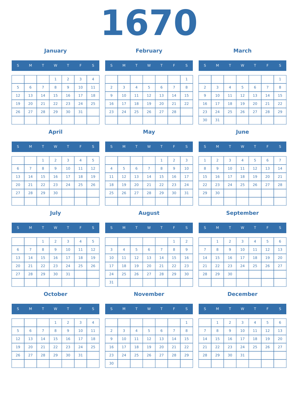 Printable 1670 Year Calendars blue