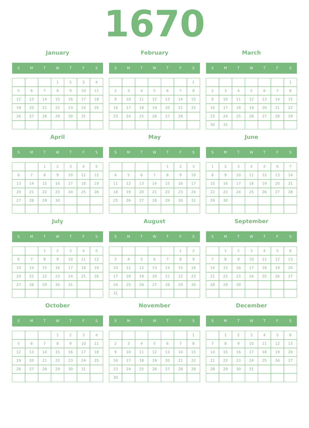 Printable 1670 Year Calendars celadon