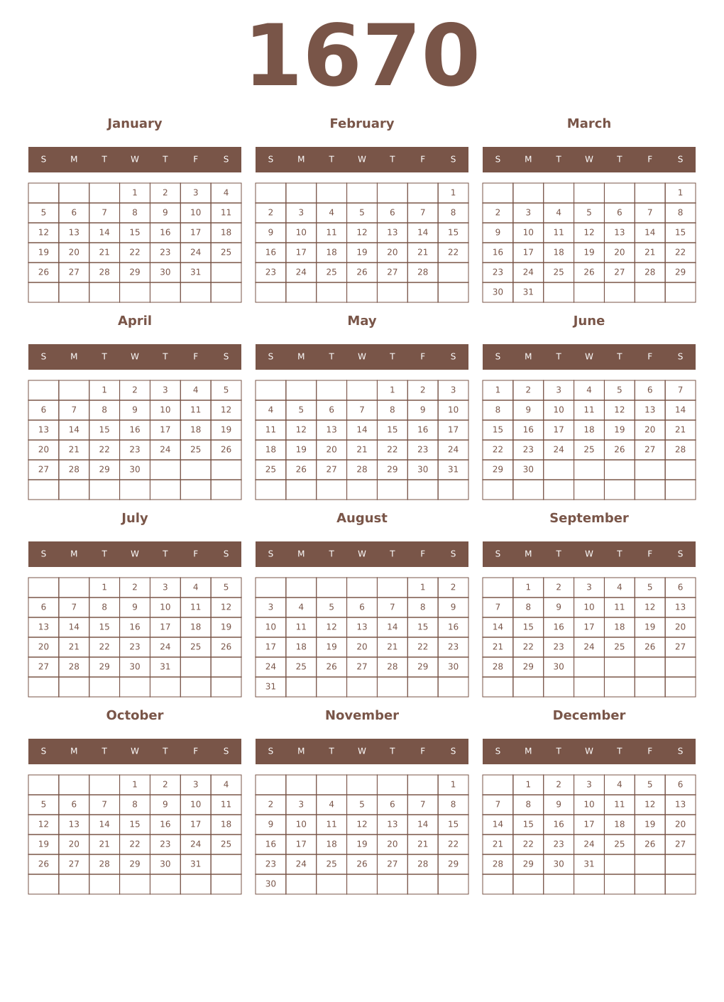 Printable 1670 Year Calendars coffe
