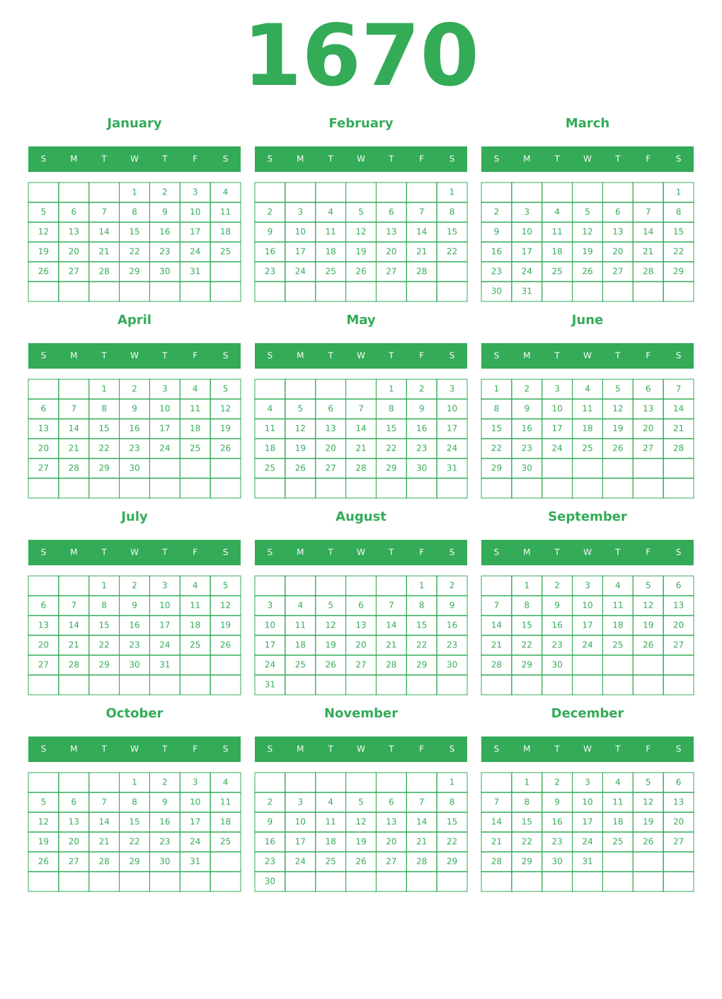 Printable 1670 Year Calendars green