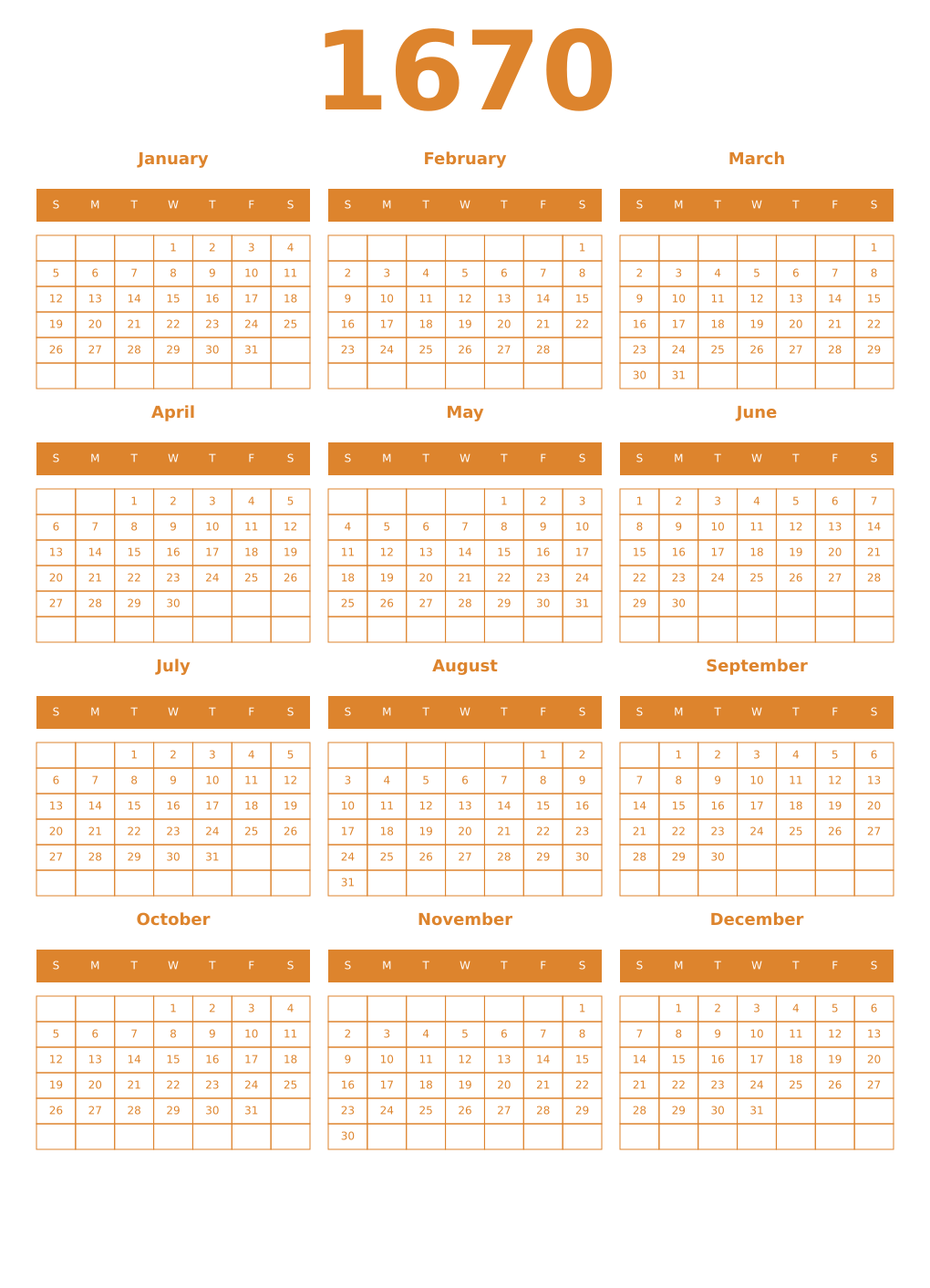 Printable 1670 Year Calendars orange