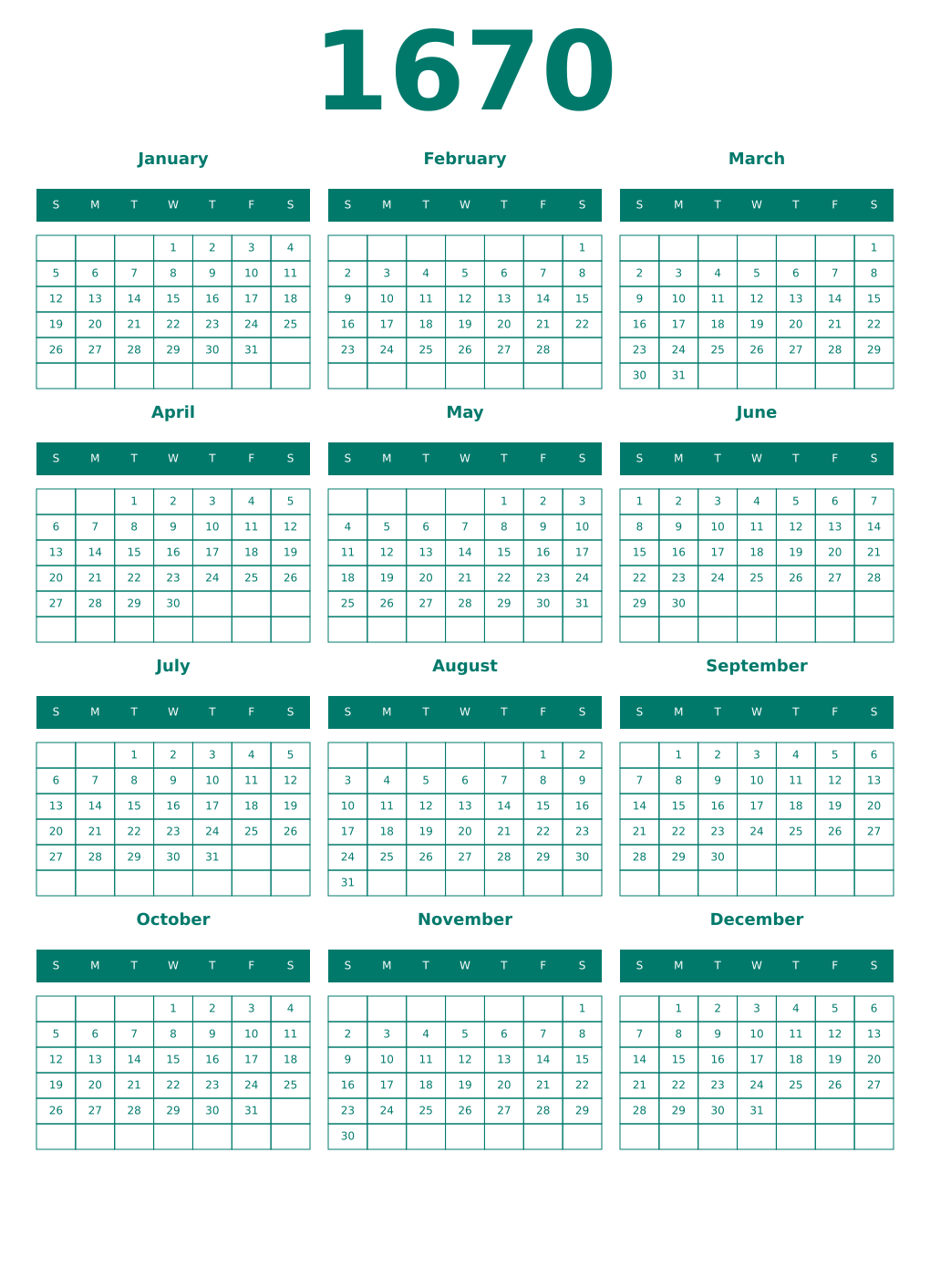 Printable 1670 Year Calendars pastel