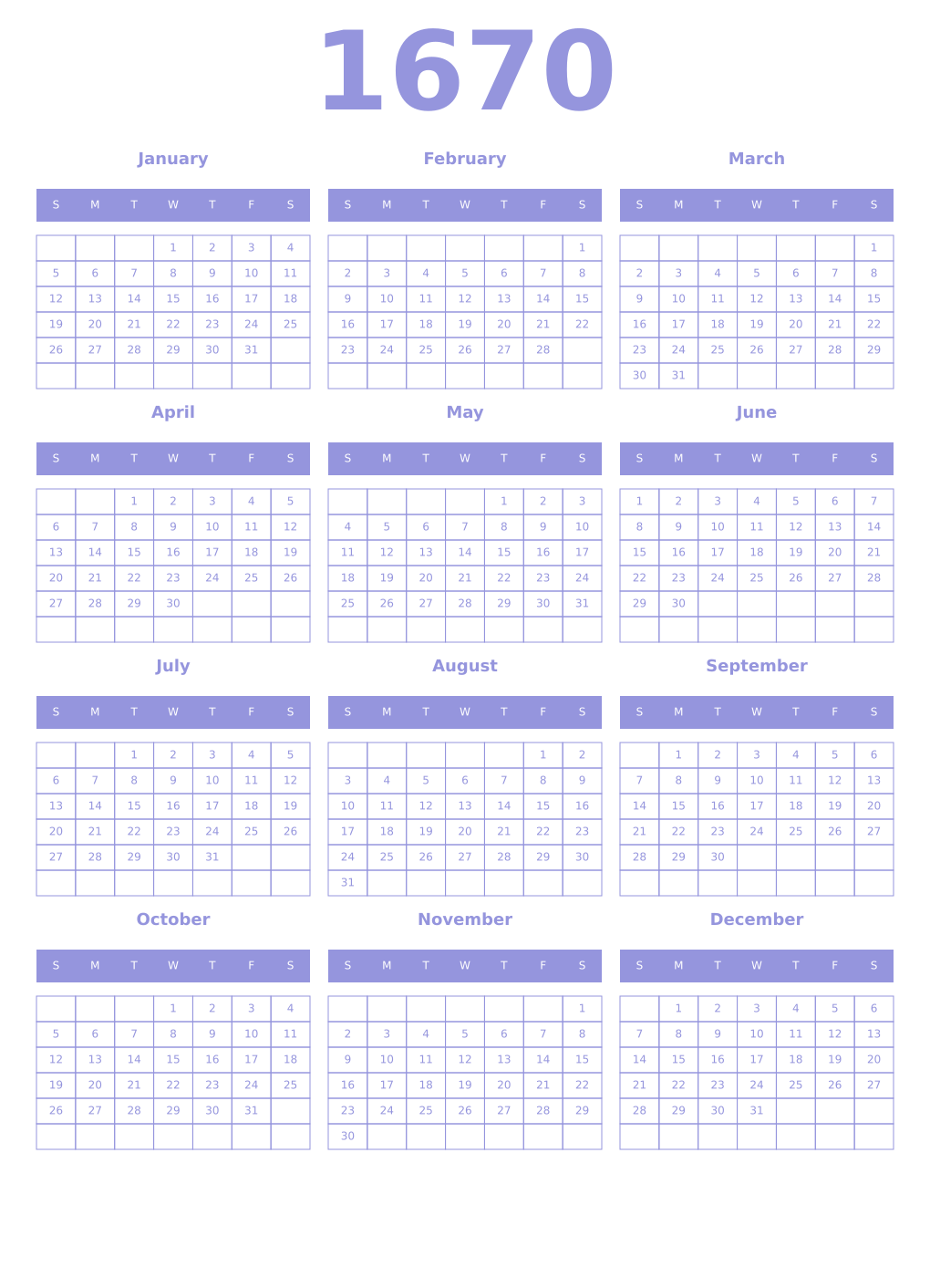 Printable 1670 Year Calendars periwinkle