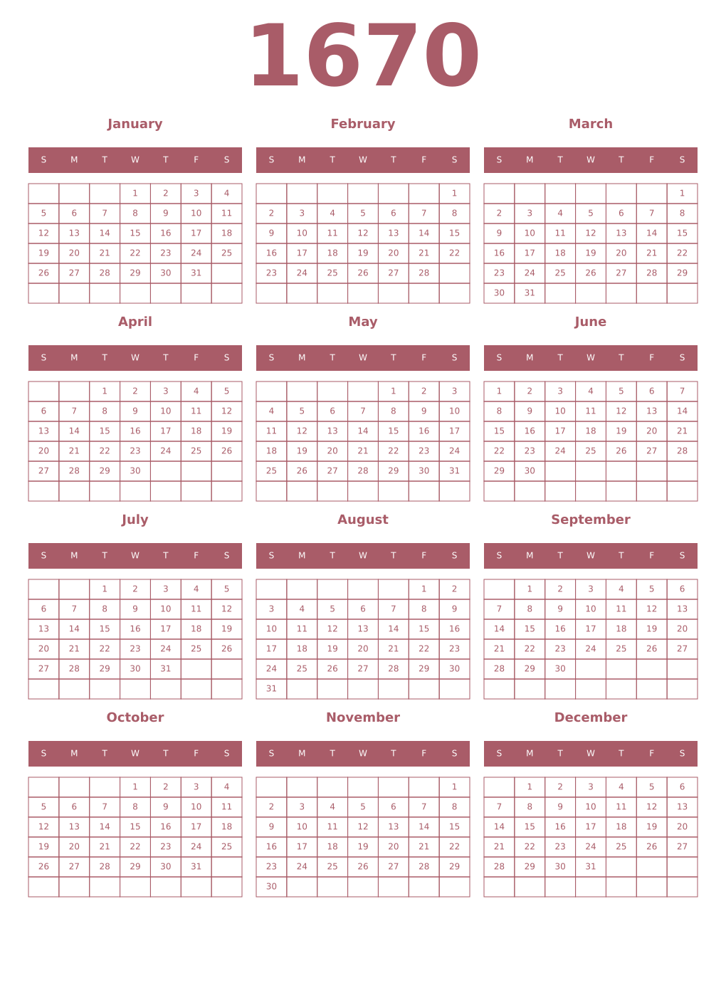 Printable 1670 Year Calendars puce