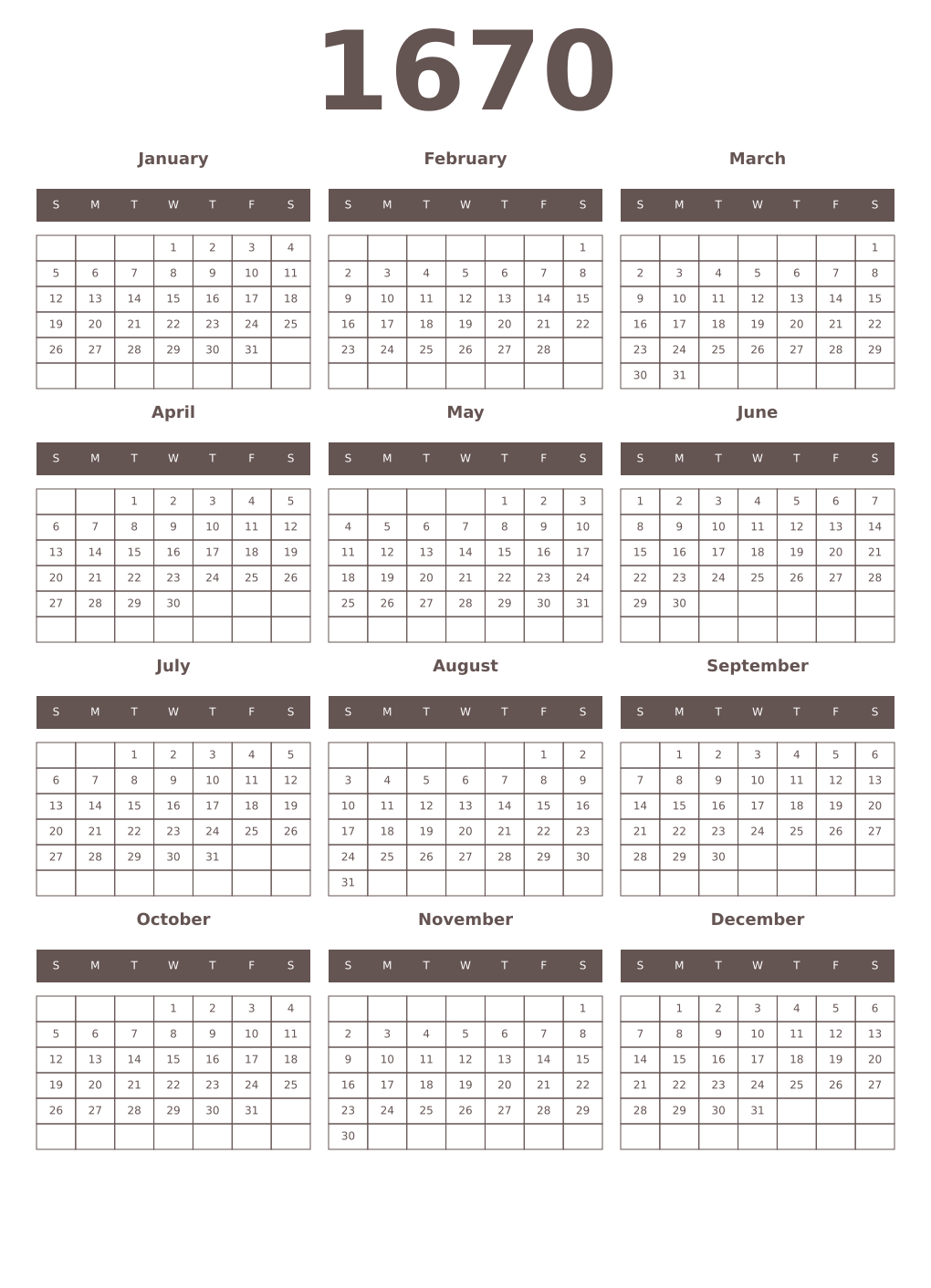 Printable 1670 Year Calendars wenge