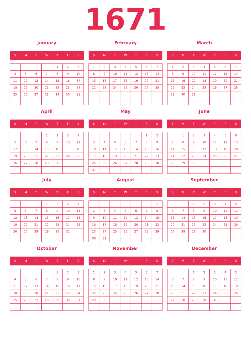 Printable 1671 Year Calendars amaranth