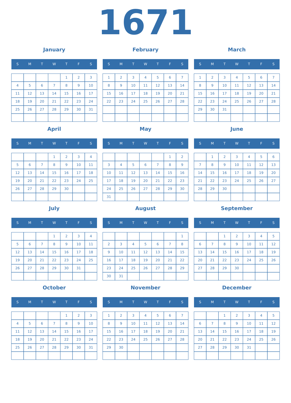 Printable 1671 Year Calendars blue