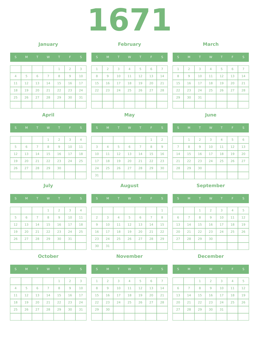 Printable 1671 Year Calendars celadon