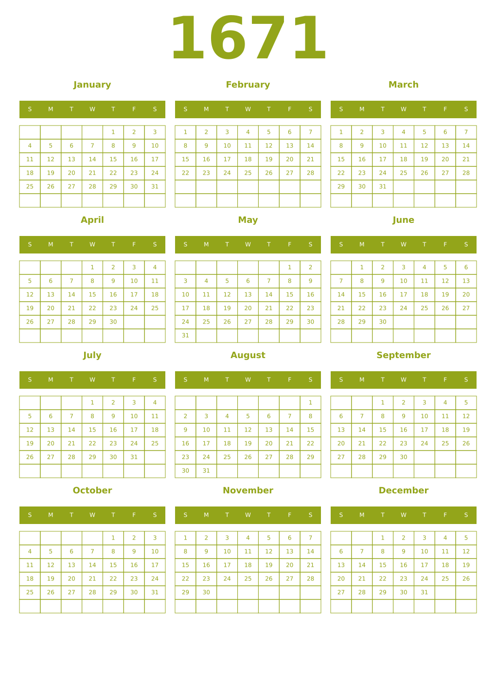 Printable 1671 Year Calendars chartreuse