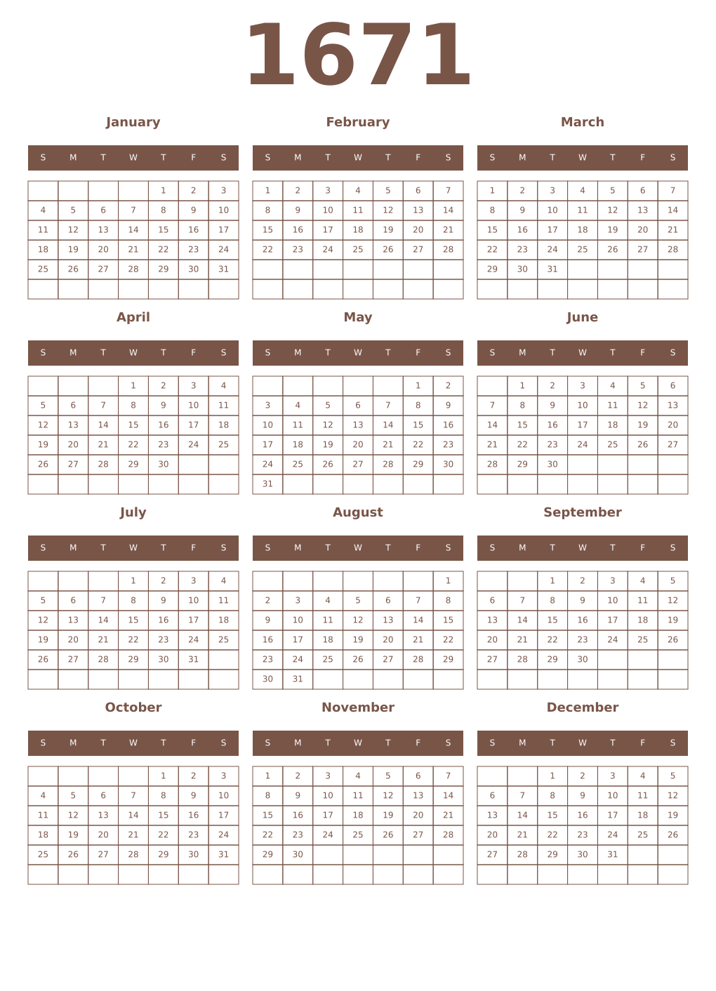 Printable 1671 Year Calendars coffe