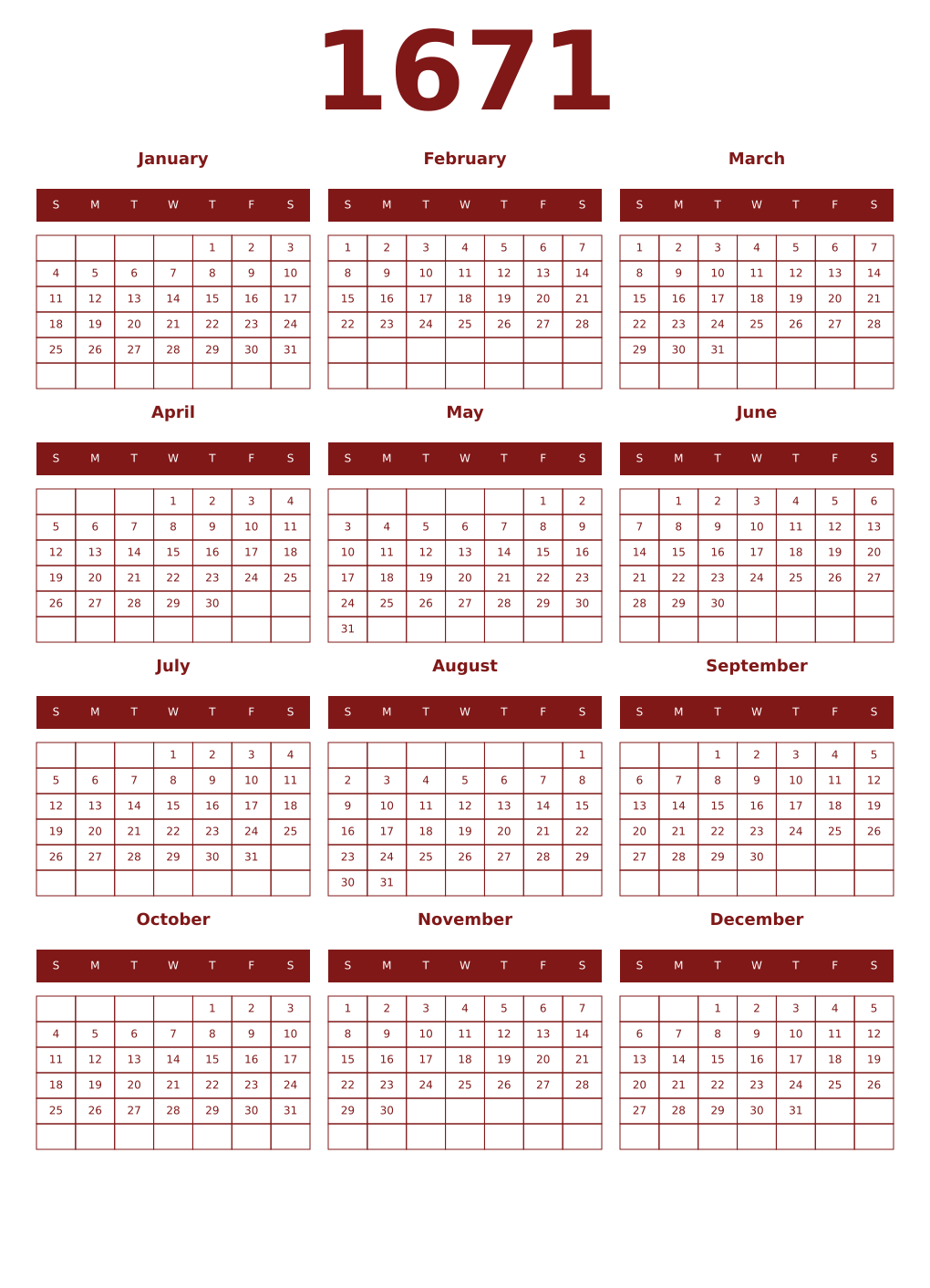 Printable 1671 Year Calendars falu