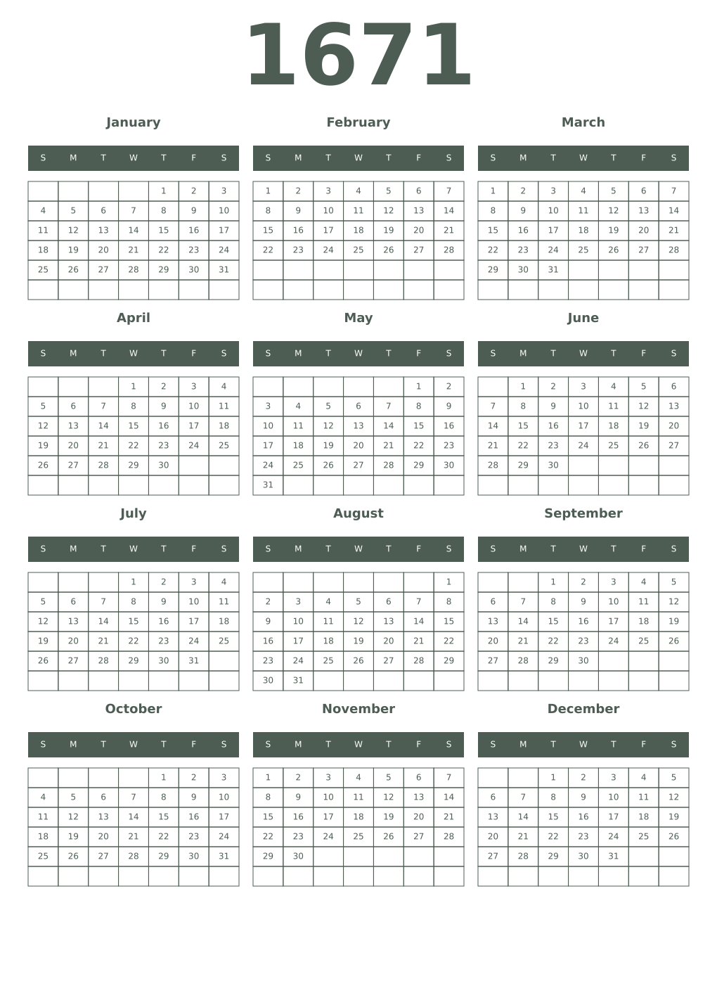 Printable 1671 Year Calendars feldgrau