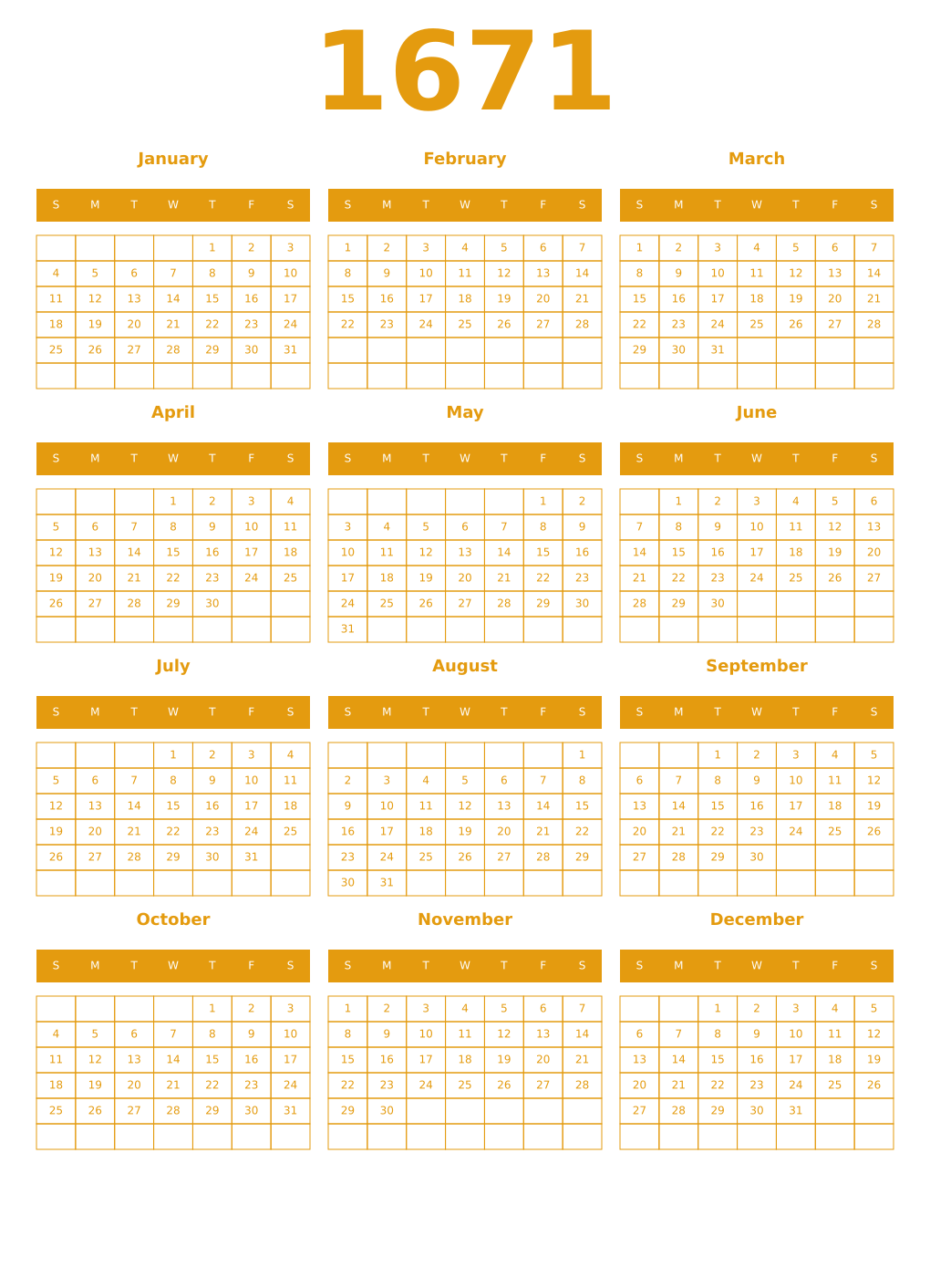 Printable 1671 Year Calendars gamboge