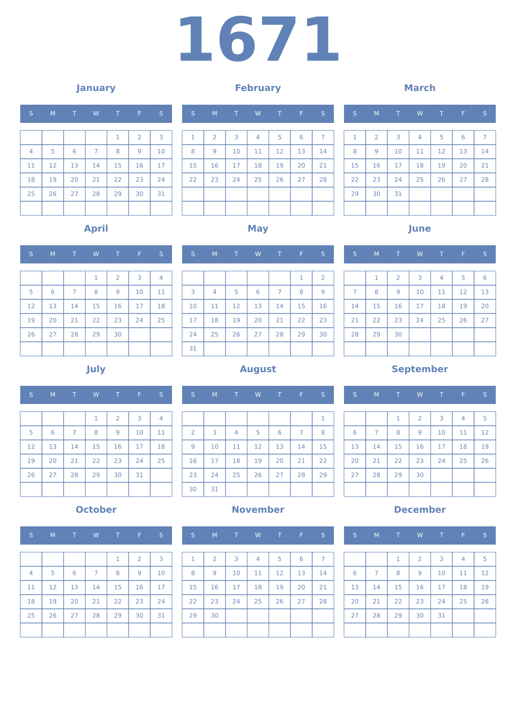 Printable 1671 Year Calendars glaucous