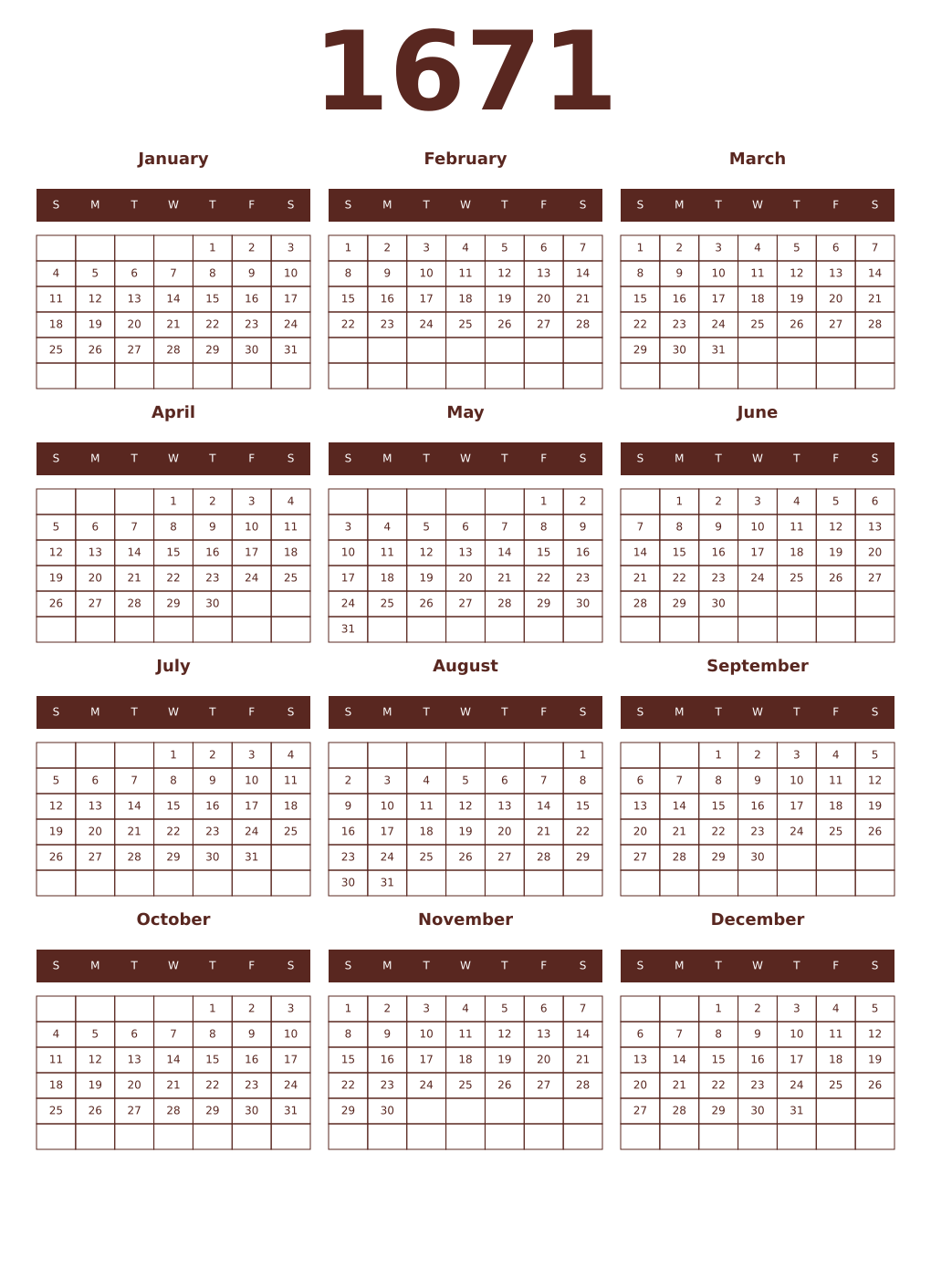Printable 1671 Year Calendars mortuum