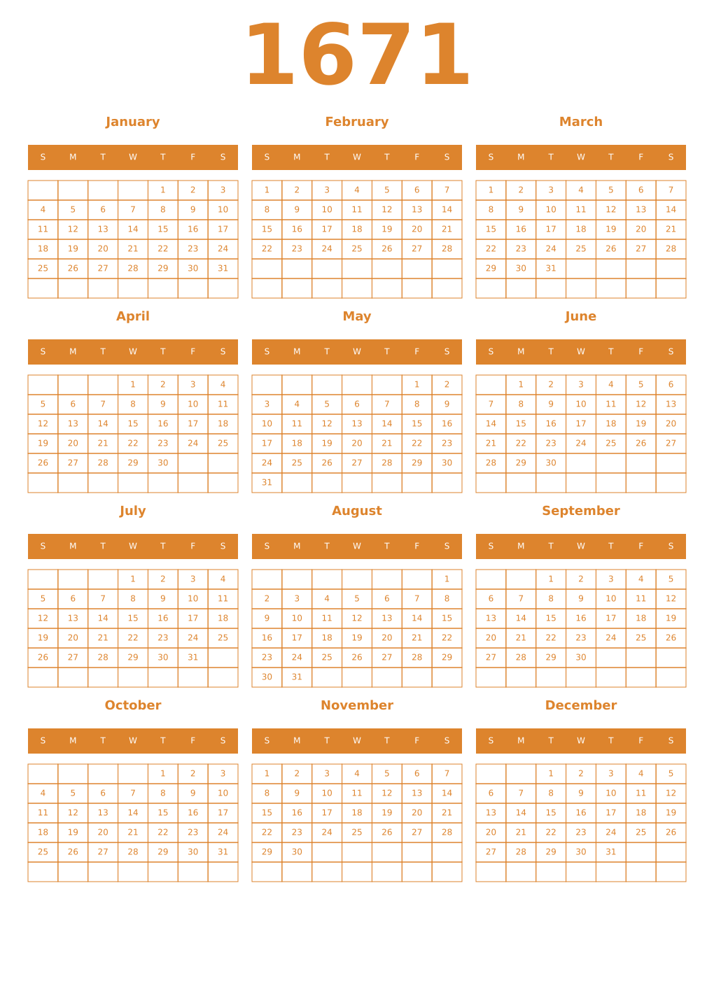 Printable 1671 Year Calendars orange