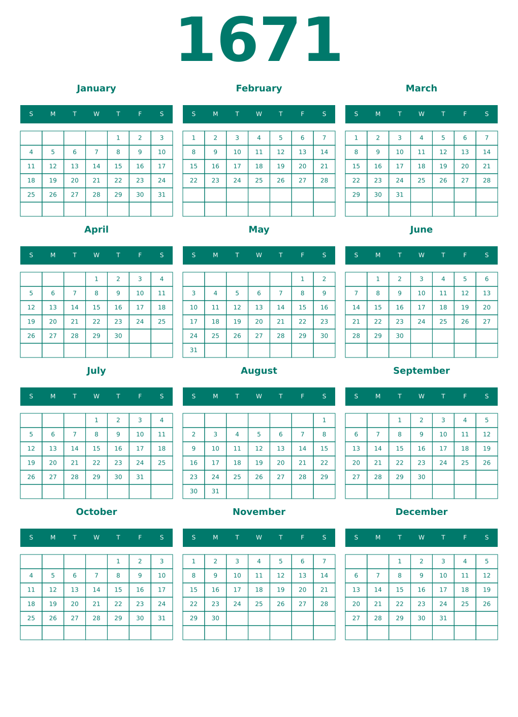 Printable 1671 Year Calendars pastel