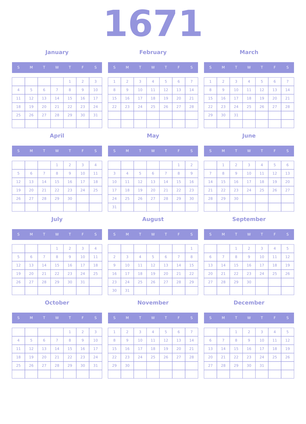 Printable 1671 Year Calendars periwinkle