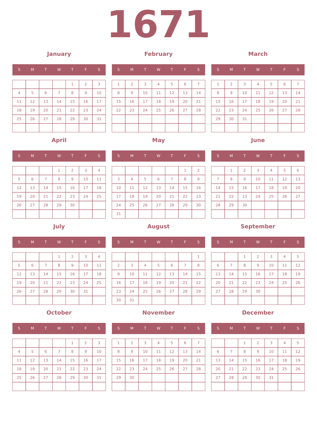 Printable 1671 Year Calendars puce