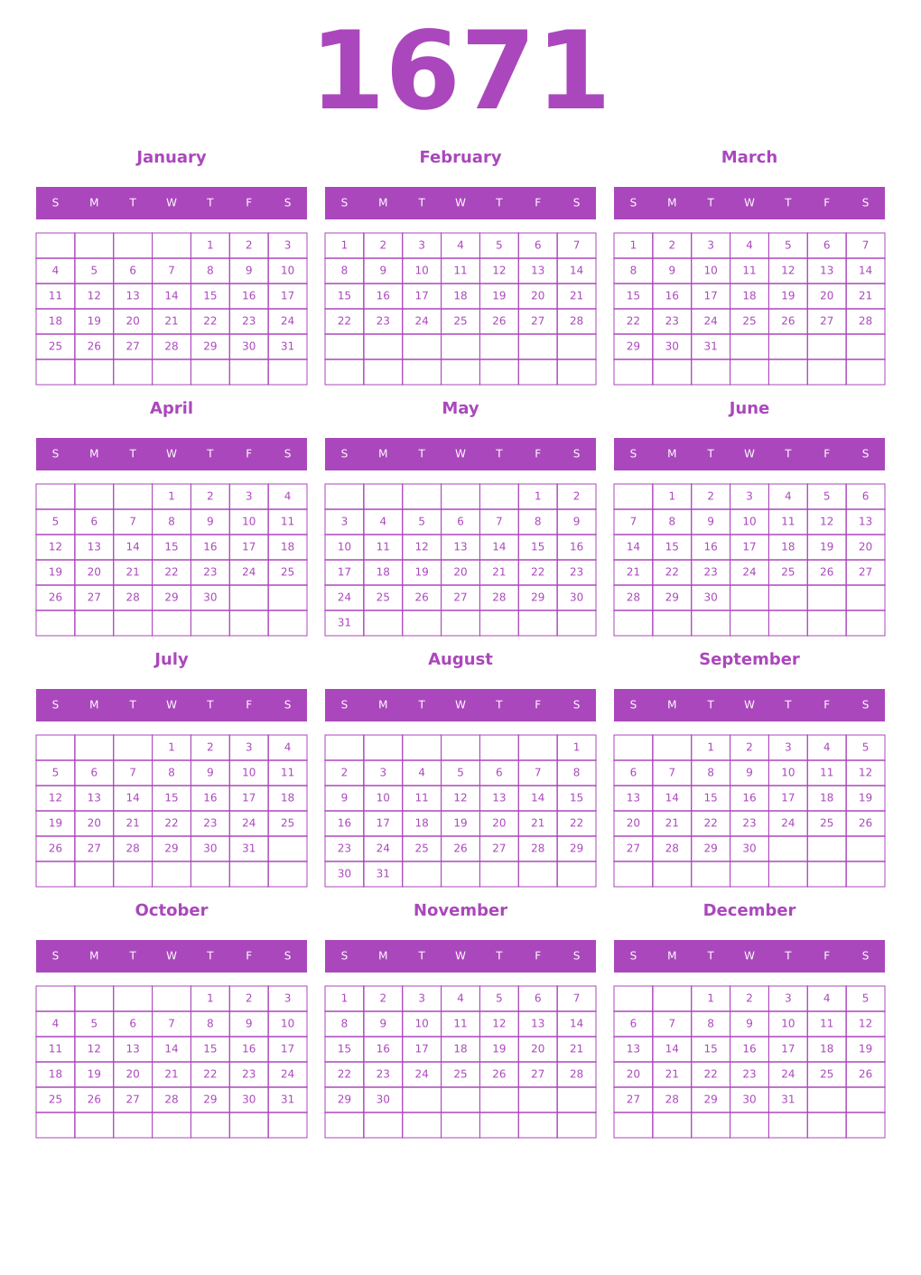 Printable 1671 Year Calendars purple