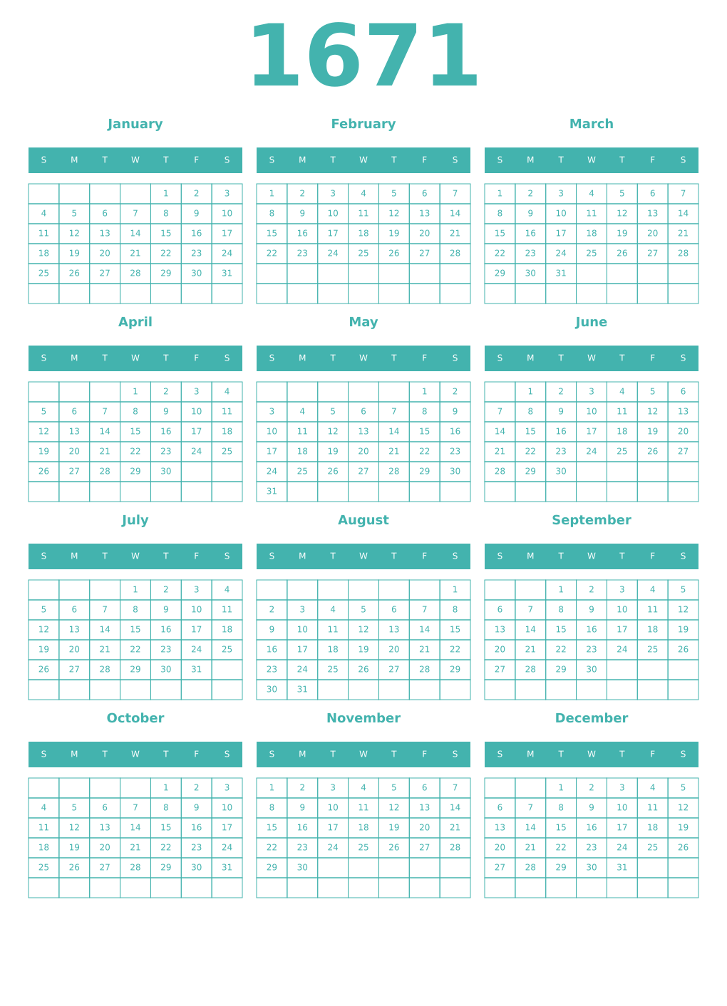 Printable 1671 Year Calendars verdigris