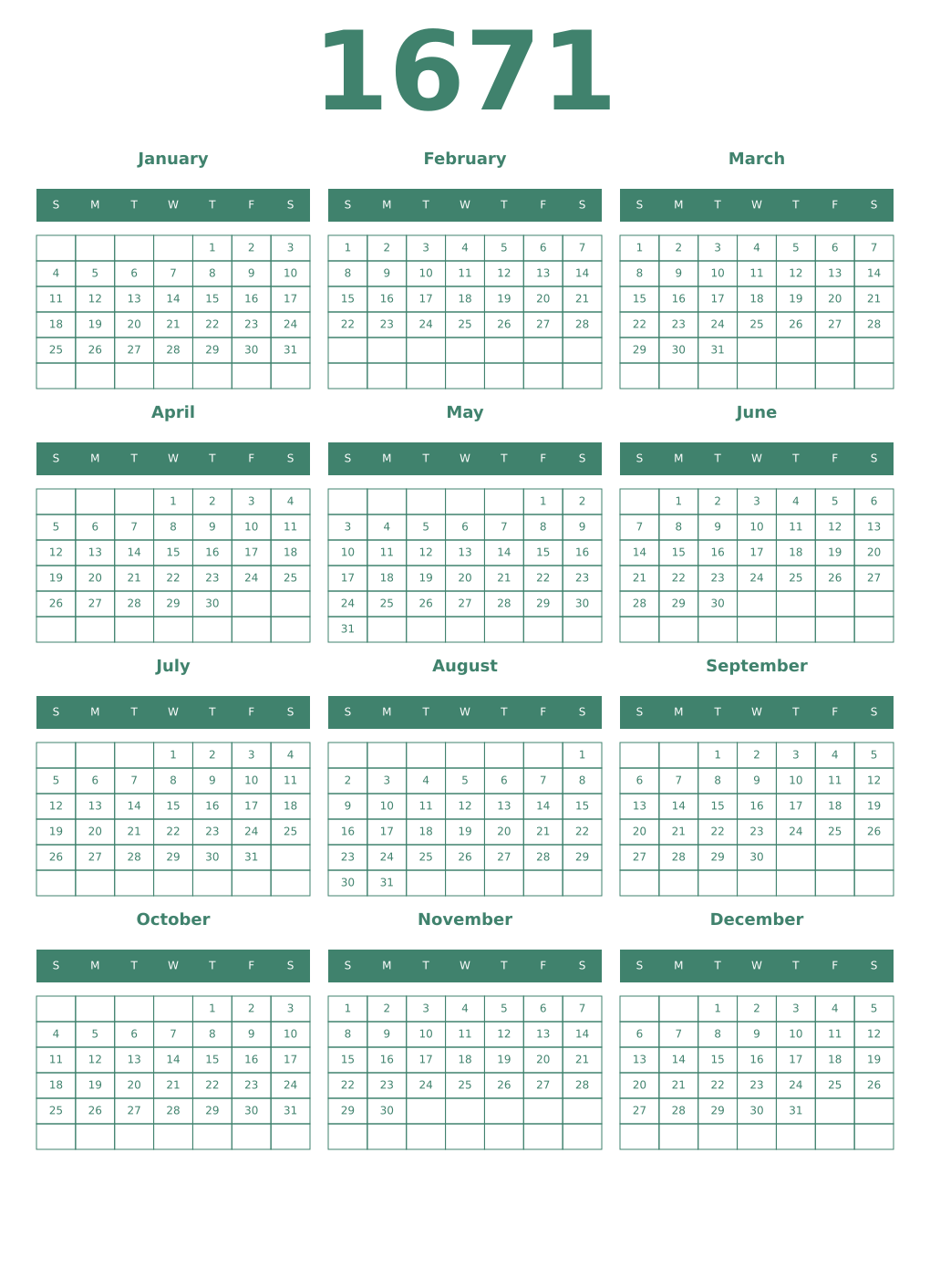 Printable 1671 Year Calendars viridian
