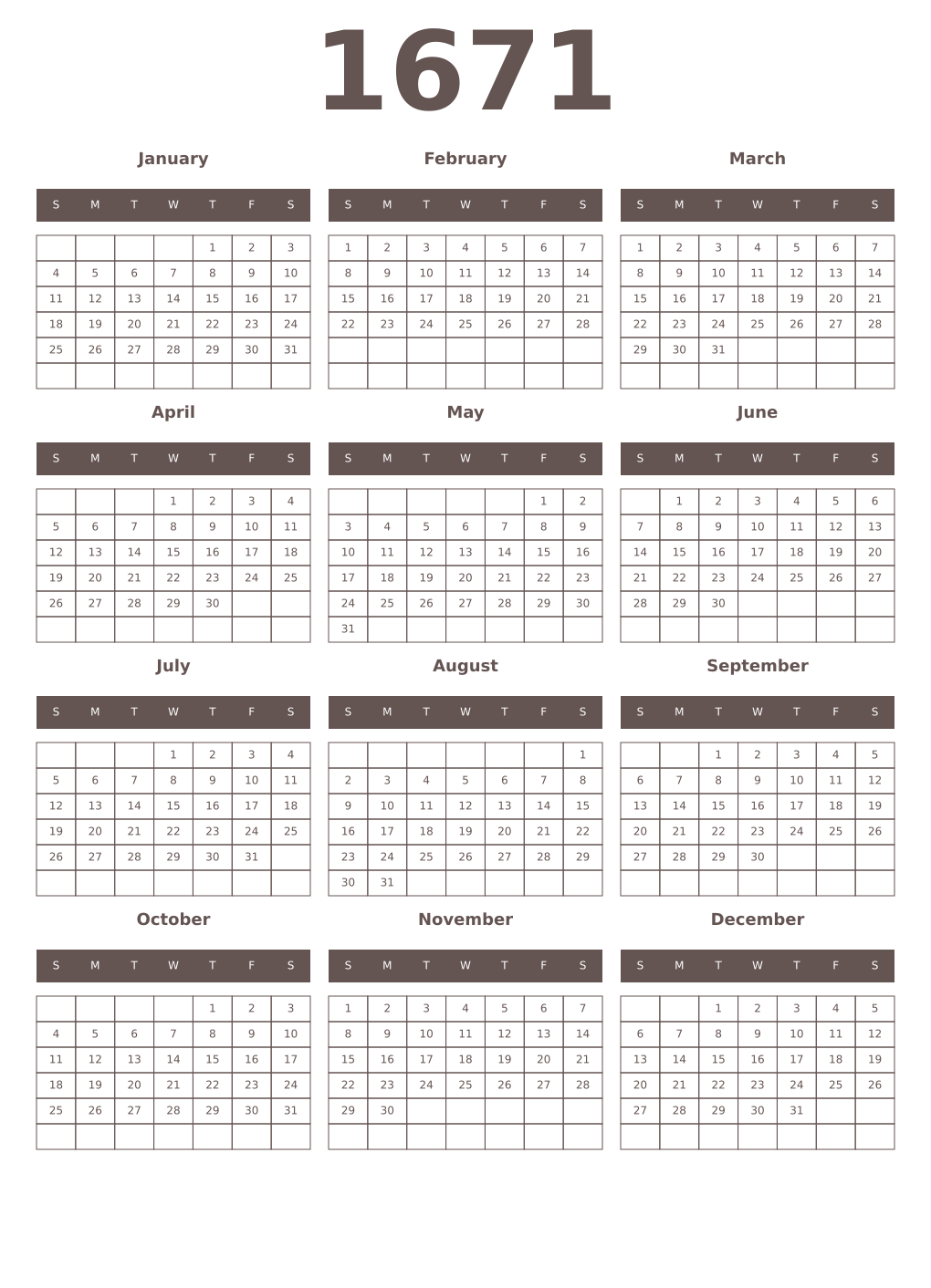 Printable 1671 Year Calendars wenge