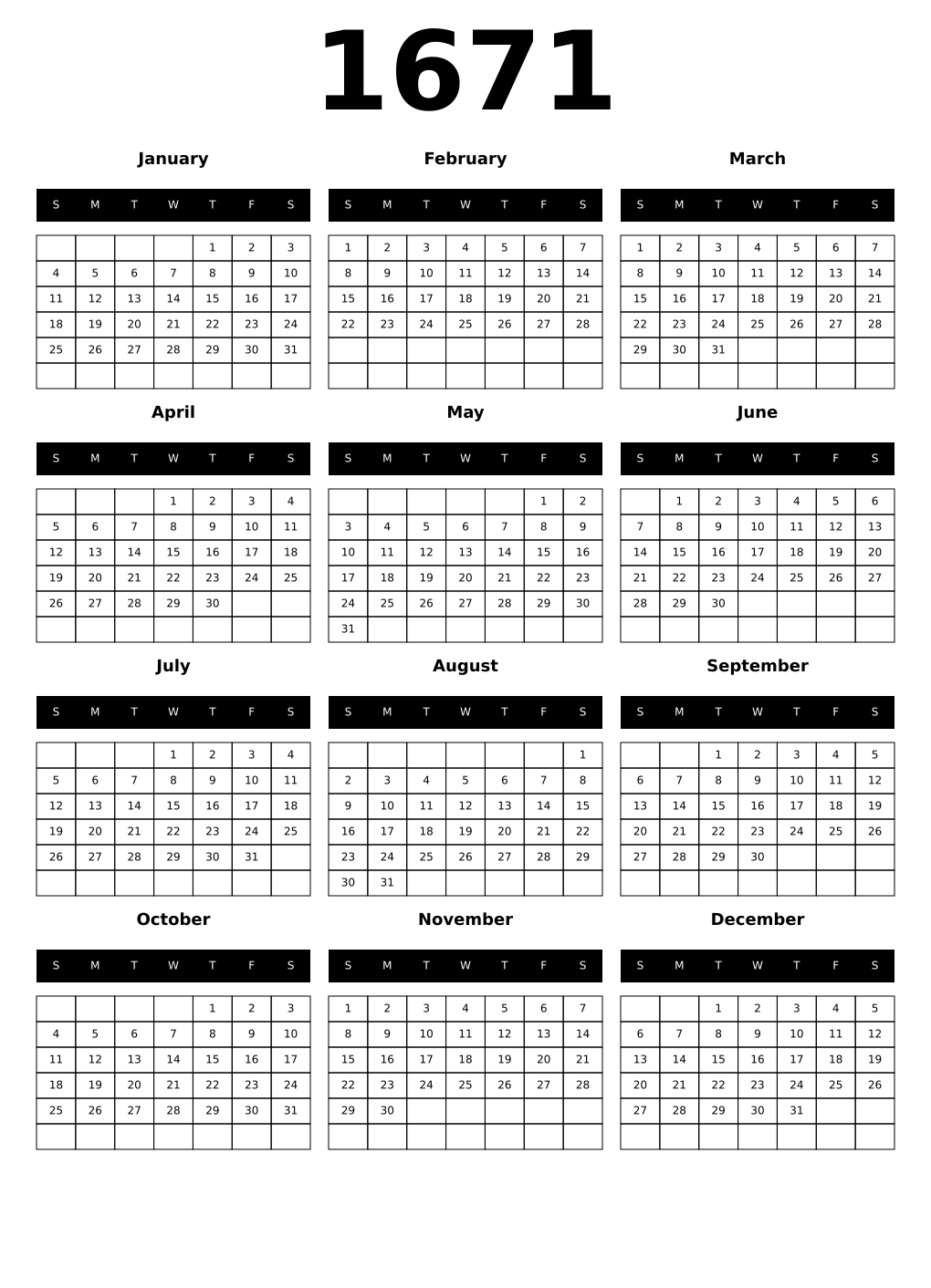Printable 1671 Calendars
