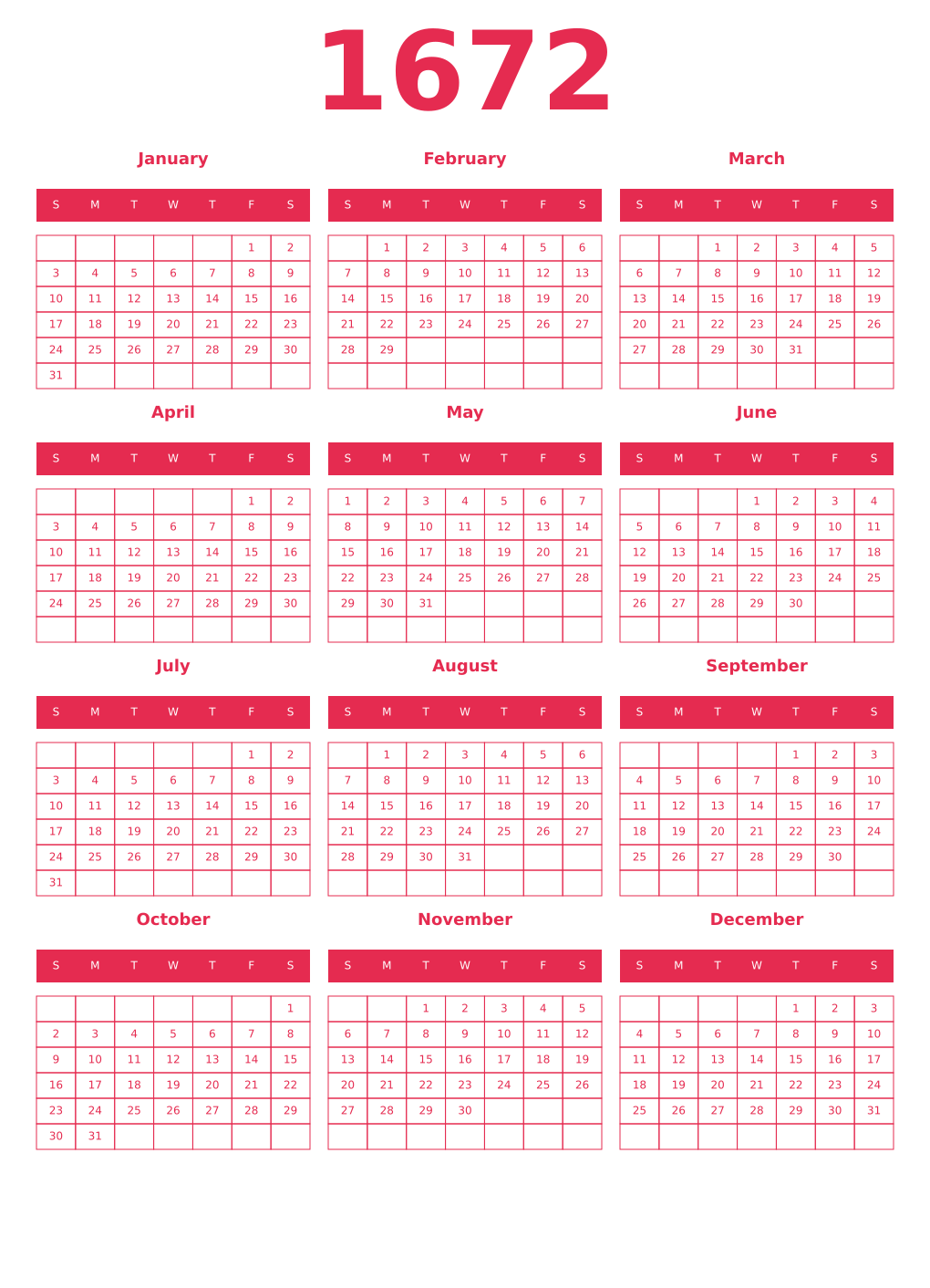 Printable 1672 Year Calendars amaranth