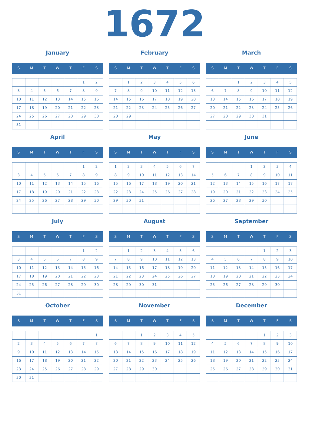Printable 1672 Year Calendars blue