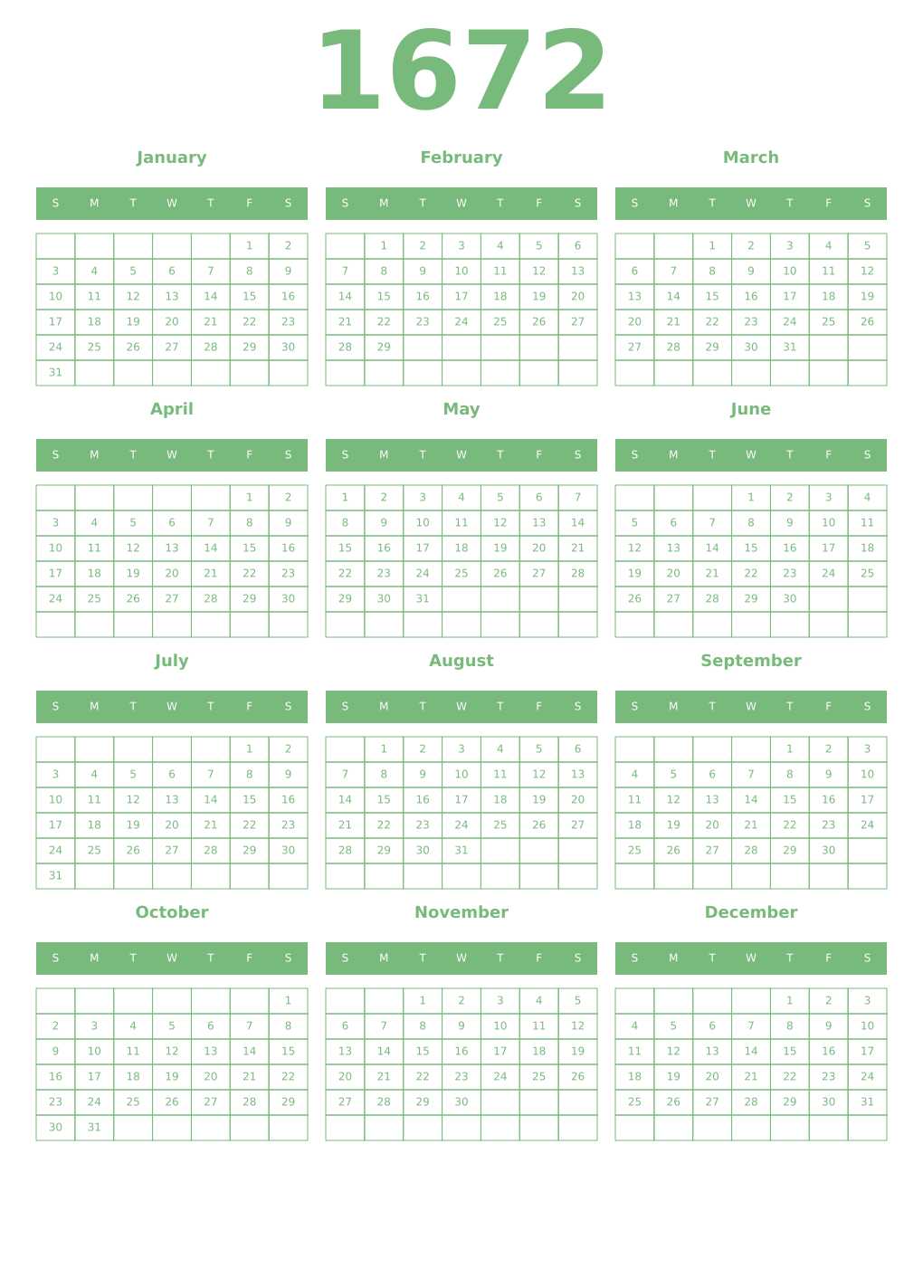 Printable 1672 Year Calendars celadon