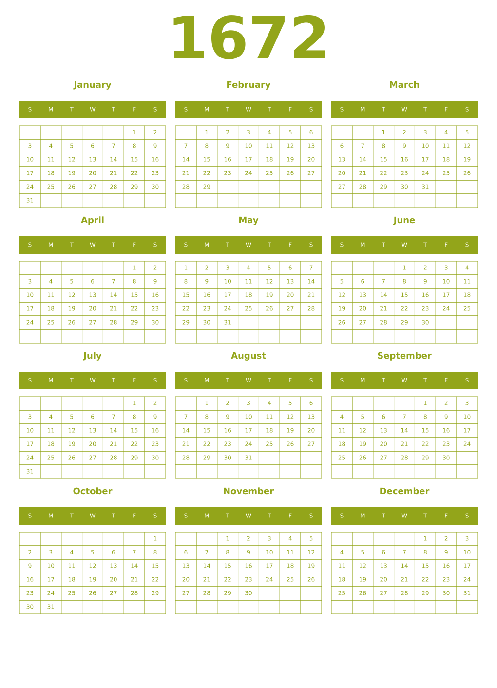 Printable 1672 Year Calendars chartreuse