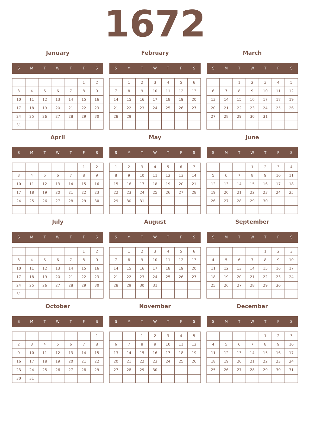 Printable 1672 Year Calendars coffe