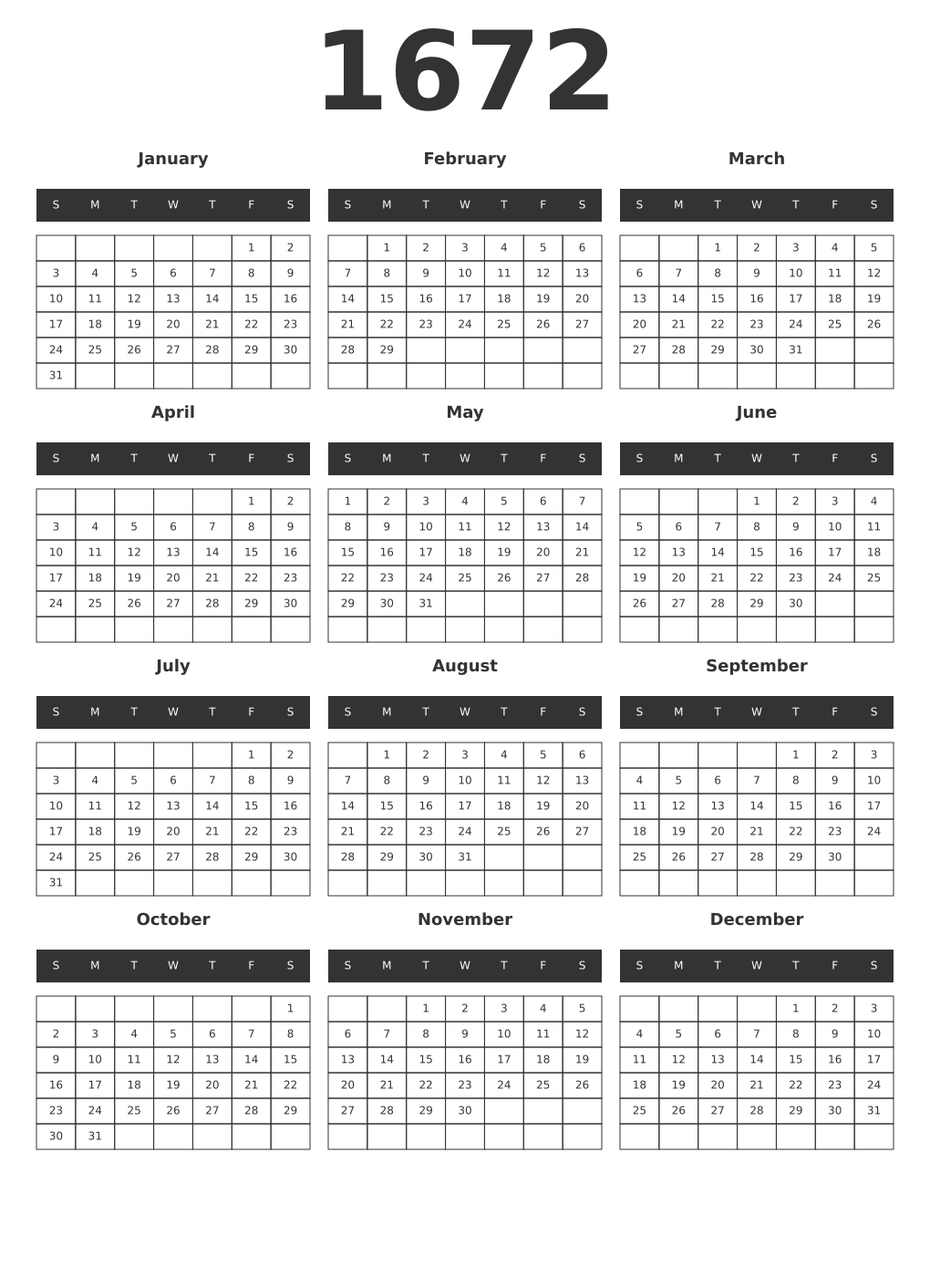 Printable 1672 Year Calendars dark