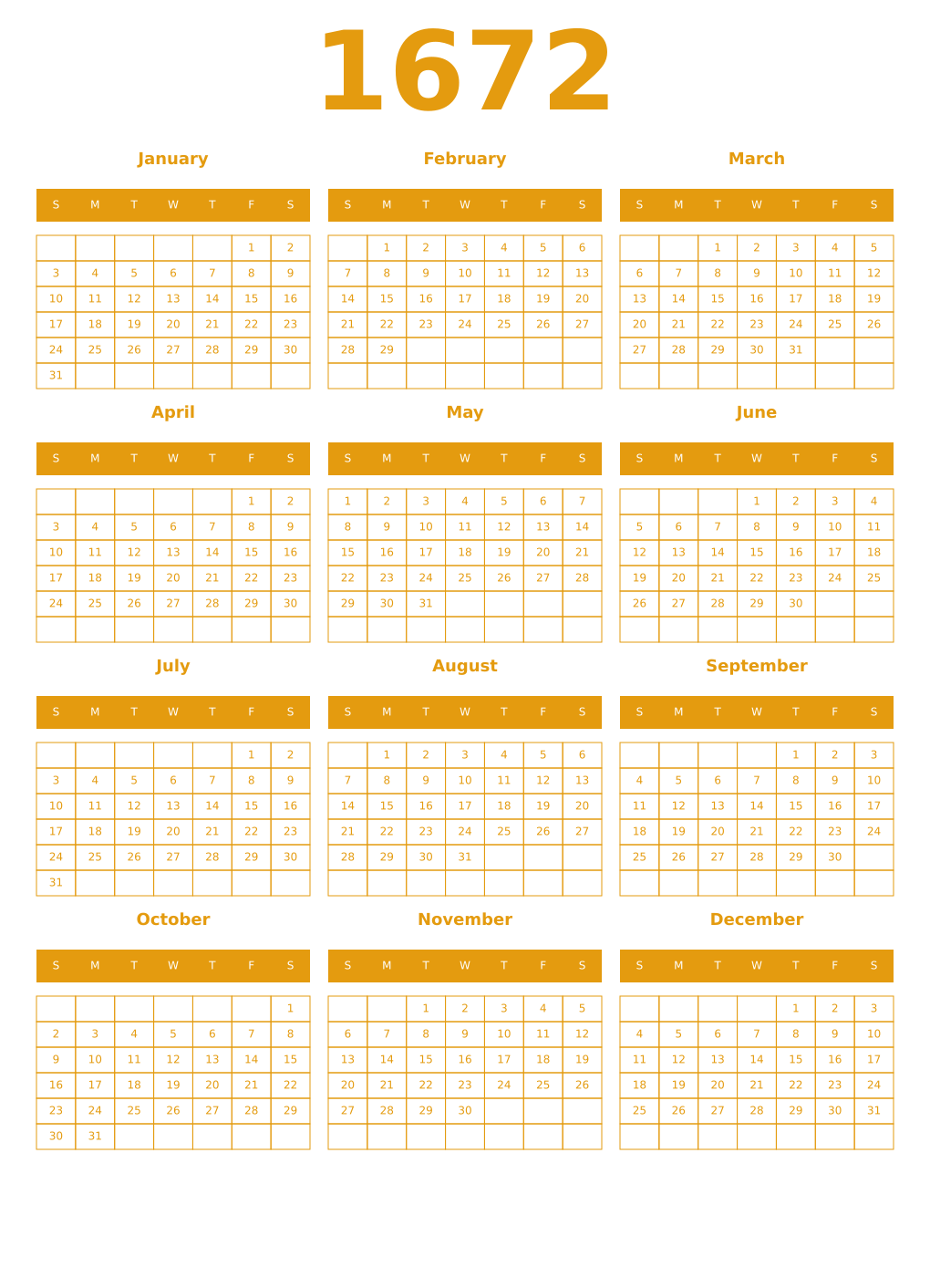 Printable 1672 Year Calendars gamboge
