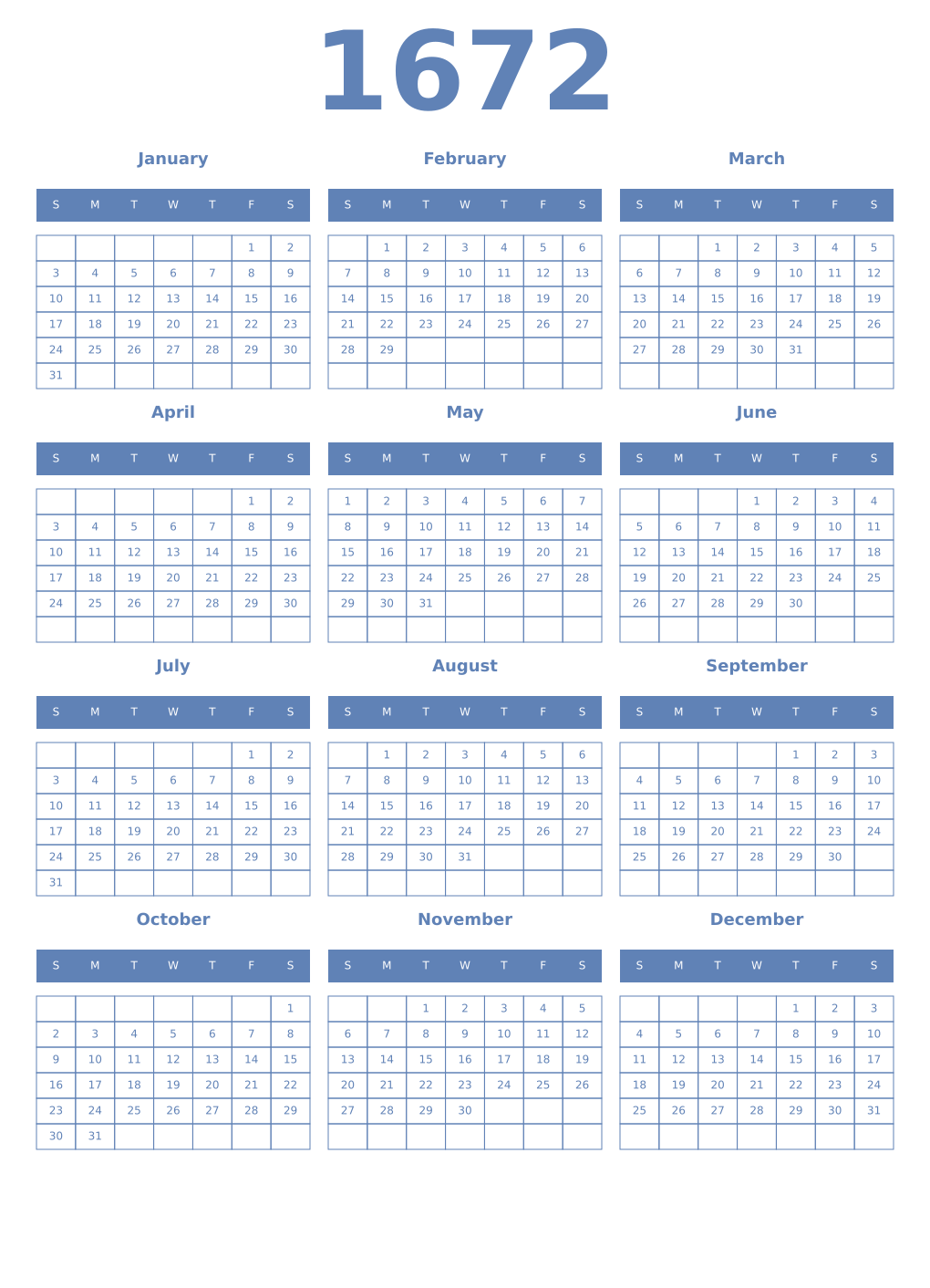 Printable 1672 Year Calendars glaucous
