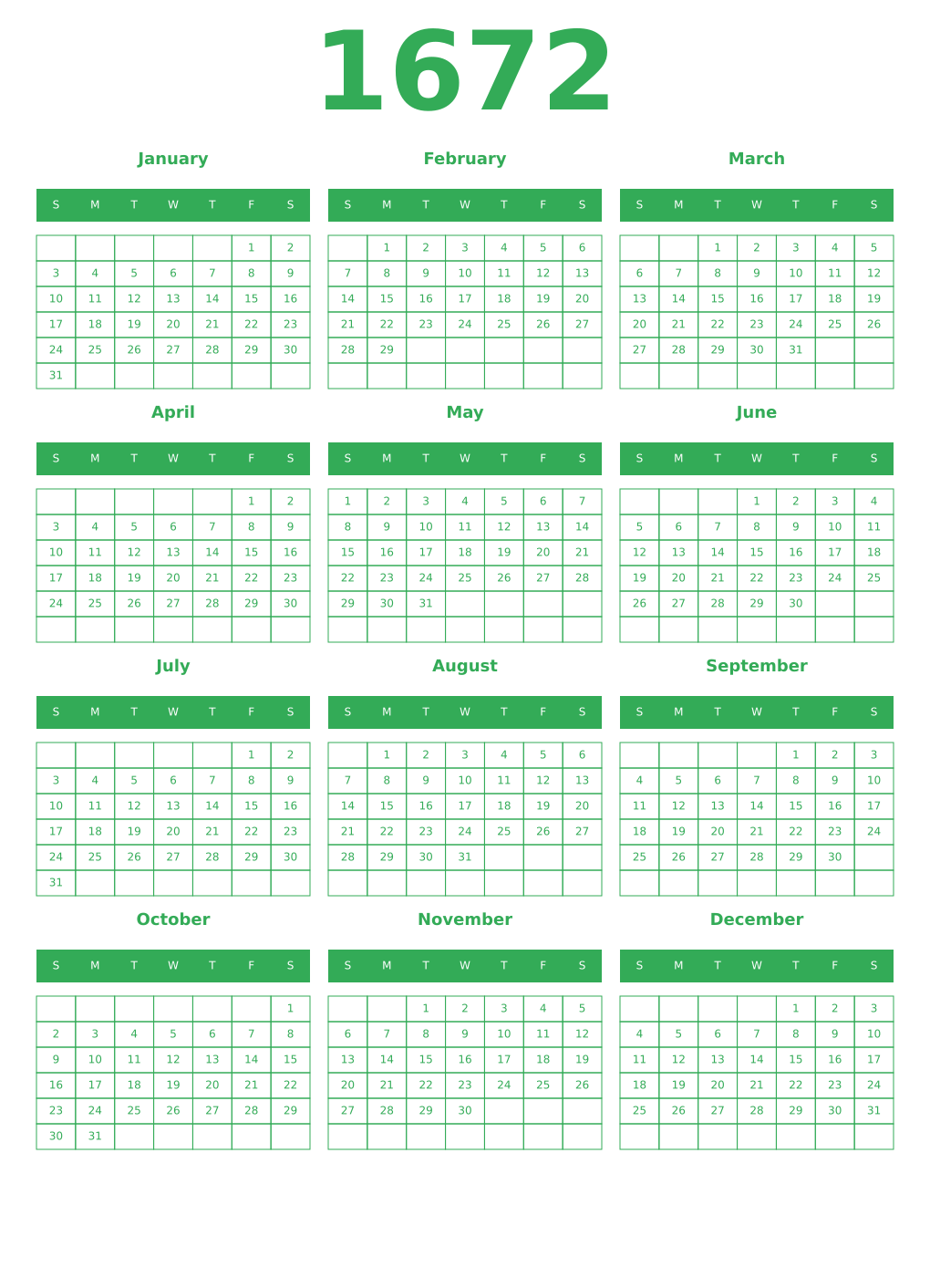 Printable 1672 Year Calendars green