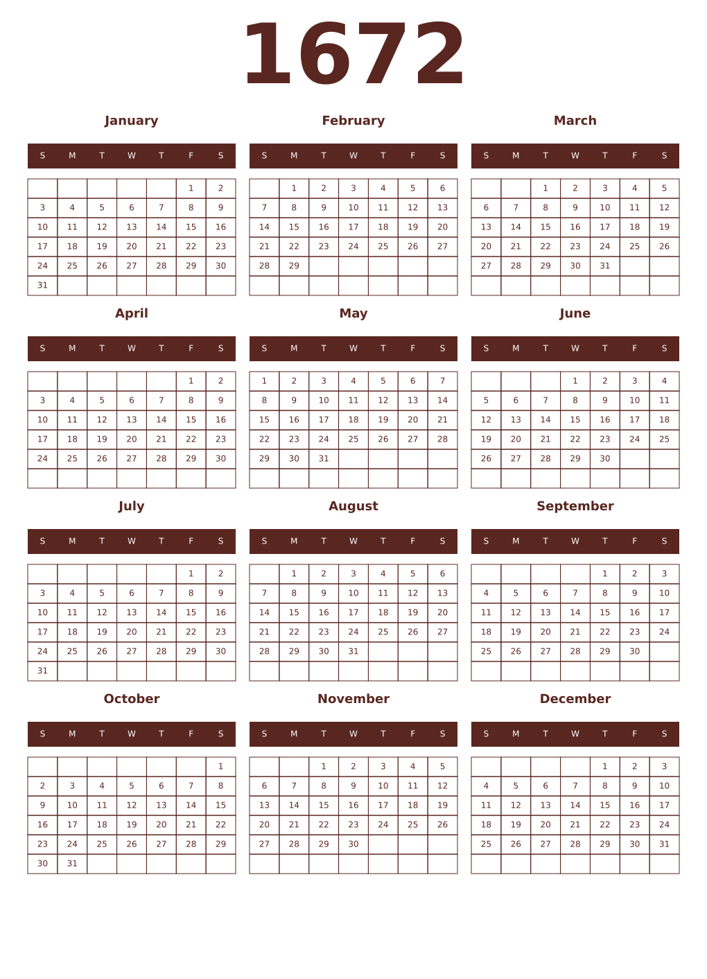 Printable 1672 Year Calendars mortuum