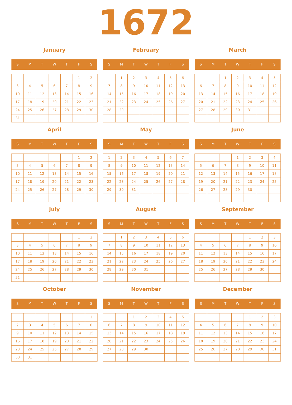Printable 1672 Year Calendars orange