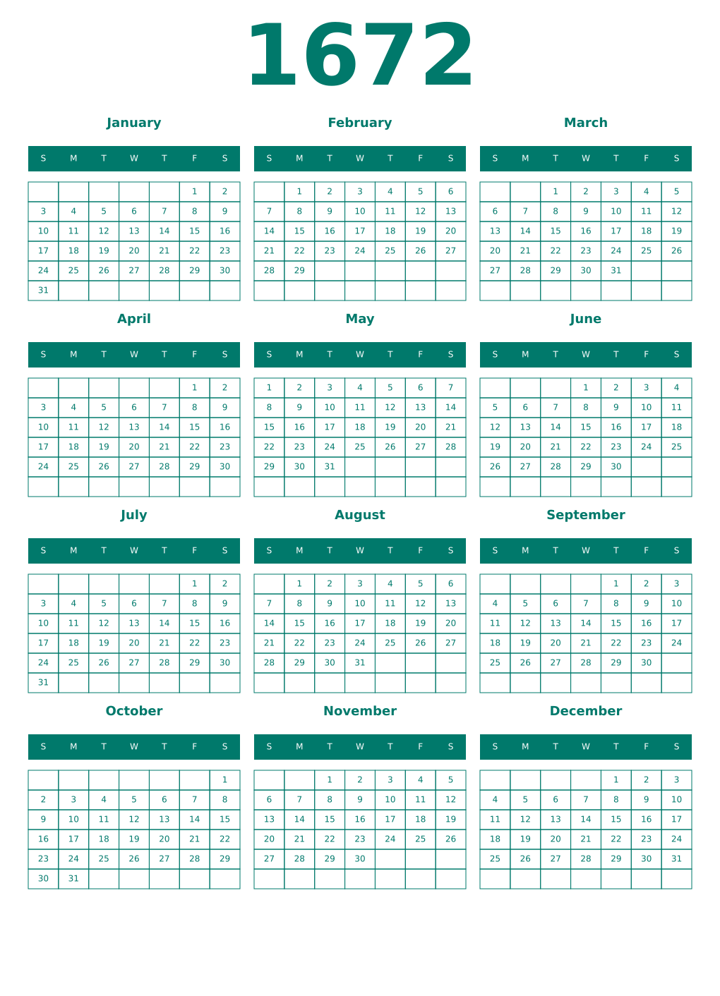 Printable 1672 Year Calendars pastel