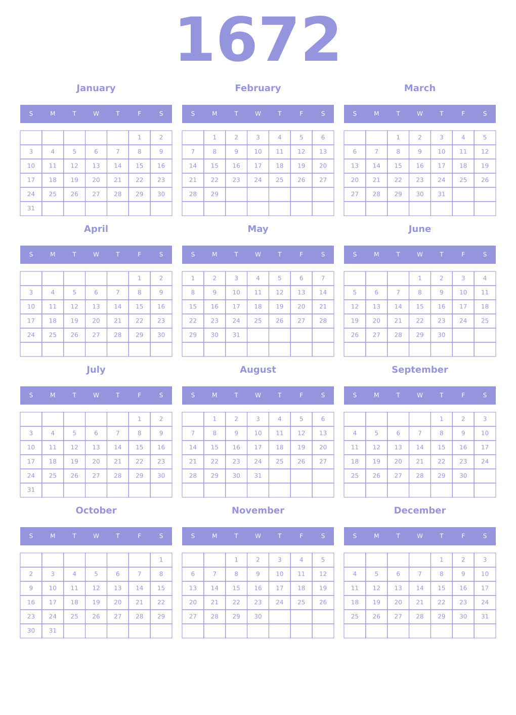 Printable 1672 Year Calendars periwinkle