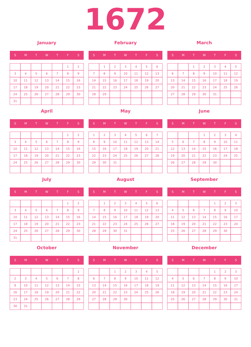 Printable 1672 Year Calendars pink