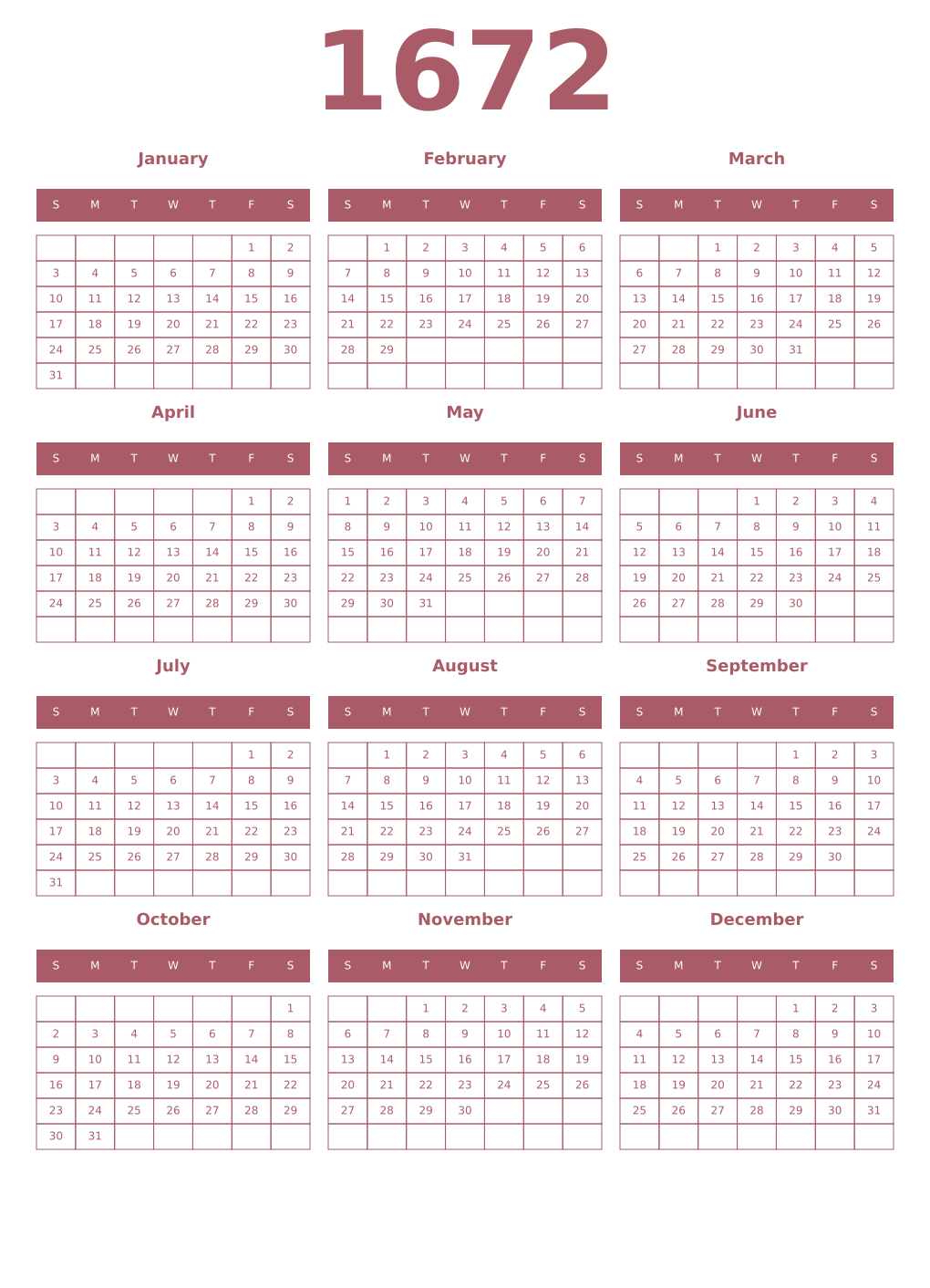 Printable 1672 Year Calendars puce